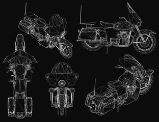 Fototapete - 3D wireframe motorcycle model with detailed handlebars, seat, and wheels, isolated on a black background.