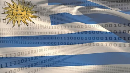 Poster - Uruguay flag initiating rippling, shifting binary code scrolling over stripes showing data flow