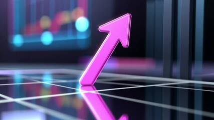 Poster - Rising Arrow of Growth: A vibrant, glossy pink arrow, ascends against a backdrop of a blurred financial chart and a modern, sleek grid, representing upward mobility, success and advancement.