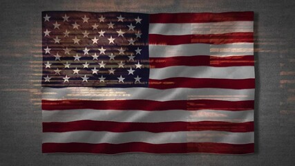 Poster - Small American flag appearing and scaling into center while waving under sliding glitch code