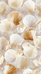 Poster - Shells of various shapes and sizes arranged beautifully on a light sandy background creating a coastal ambiance