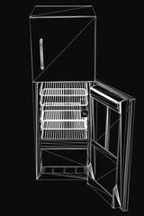 Poster - A black and white line drawing of an open refrigerator with its door ajar, revealing an interior grill and shelves. The illustration features clean, minimalist details and a retro aesthetic.