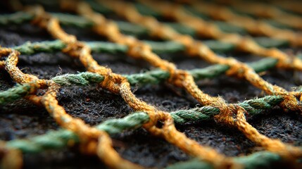 Textures of a fishing trap net reveal intricate craftsmanship and design in vibrant colors and patterns