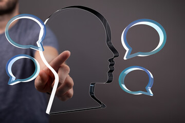 Poster - Conceptual image of a man interacting with digital speech bubbles, representing communication and feedback.