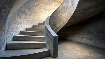 Poster - Elegant Ascent: A mesmerizing spiral staircase gracefully ascends, its concrete curves bathed in soft light, creating a visual journey towards architectural beauty and design.