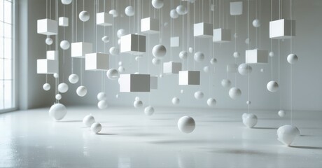 Aufkleber - Minimalist installation. White cubes, spheres suspended. Bright room, clean lines, soft shadows, modern aesthetic. Simple geometry dominates space.