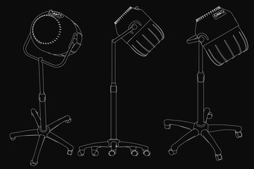 Poster - Three sleek black and white salon hair dryers in a modern triangular arrangement, with the tallest in the center and two smaller ones on each side. The glossy finish and minimalist design