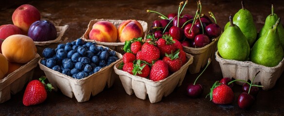 Wall Mural - The vibrant assortment of fresh fruits in rustic baskets on display.