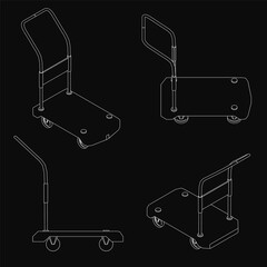 Fototapete - Hand trucks on a black background, each with four wheels and a sturdy handle for smooth transport. The white trolleys contrast sharply against the dark backdrop, highlighting their clean,.