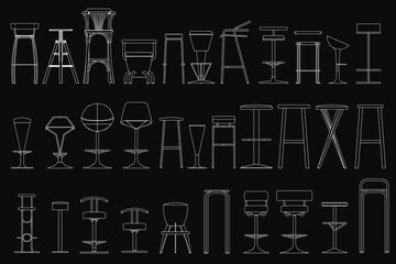 Poster - Set of bar stools and chairs arranged on a sleek black background, featuring minimalist line art in various shapes and sizes. The clean design highlights modern furniture aesthetics