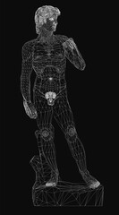 Fototapete - A 3D wireframe statue of a man resembling David stands on a black background, featuring intricate geometric lines and a futuristic aesthetic. The minimalist design highlights the human