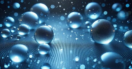 Poster - Abstract blue spheres float above textured surface. Digital rendering creates futuristic, glowing effect. Light reflects, forming dynamic composition.