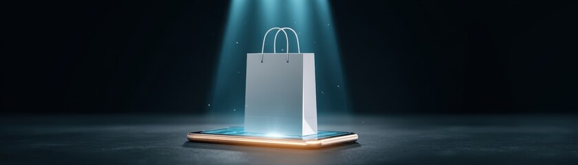 Poster - A glowing shopping bag illuminated on a digital platform, symbolizing modern retail and e-commerce concepts.