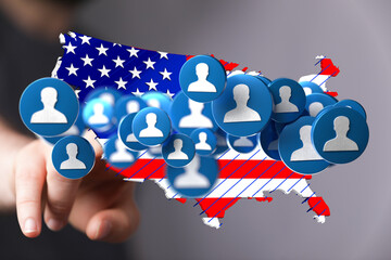 Poster - Digital network map of the USA, showcasing connections and people across the country.  Ideal for technology, communication, and social media.
