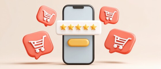 Poster - A smartphone displaying shopping icons and ratings symbolizes online shopping and customer feedback.