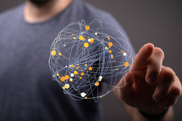Poster - Abstract image of a person interacting with a digital network. Represents global connectivity, data flow, and technology.