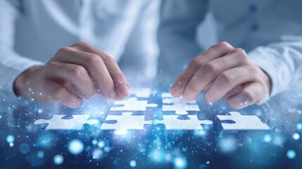 Poster - Hands assembling a puzzle with a digital, abstract background, symbolizing problem-solving and creativity.