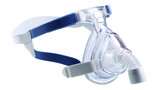 Cpap mask providing continuous positive airway pressure, a common treatment for sleep apnea, features adjustable headgear and a transparent design on a transparent background