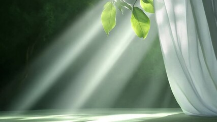 Aufkleber - Serene Sunlight: Delicate rays of light cascade through a sheer curtain, illuminating a tranquil, lush interior, with a touch of nature’s freshness, a scene where light dance with the shade.