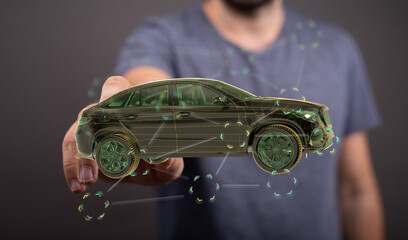 Poster - Person holding a digital car model.  Represents automotive technology, innovation, and the future of driving.