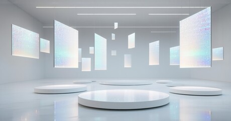 Poster - Minimalist gallery space. White platforms display shimmering rectangular panels. Bright lighting creates clean aesthetic. Modern design.