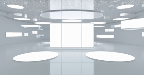 Poster - Minimalist interior. Bright studio space features circular lights, reflective floor, white geometric forms. Clean design, modern aesthetic.