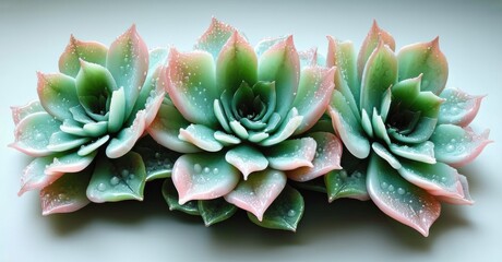 Poster - Succulents display vibrant hues, water droplets glistening. Soft lighting emphasizes textures, creating serene botanical composition.