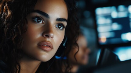Poster - Intense focus of a female operator in control room during nighttime operations