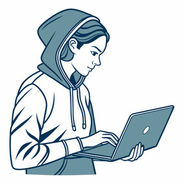 Woman in hoodie using laptop computer working online
