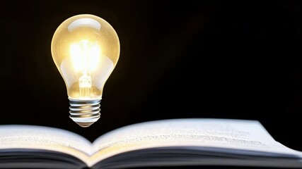 Poster - Illuminating Insights: A bright, glowing light bulb hovers above an open book, symbolizing enlightenment and creative ideas within a black scene.