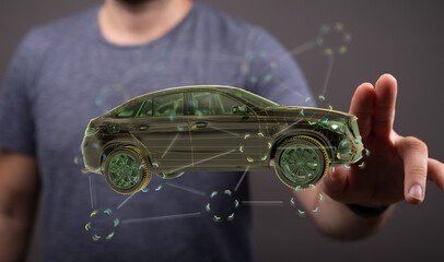 Poster - Futuristic car design, digital innovation, automotive technology, connected car concept.
