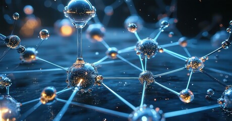 Poster - Abstract network, glowing connections. Futuristic design, digital illustration, science concept. Complex structure, bright illumination, dark background.