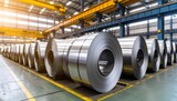 Steel rolls in factory warehouse.