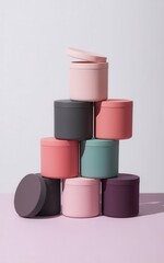 Poster - Arrangement of colorful, cylindrical containers stacked to create a playful composition