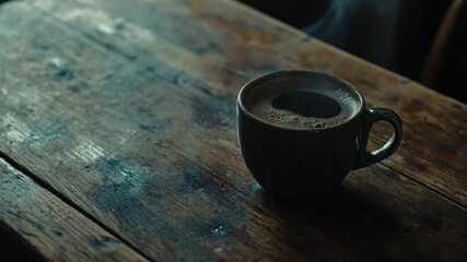Aufkleber - A cup of coffee sits alone on a wooden table, perfect for a morning pick-me-up or a cozy afternoon break