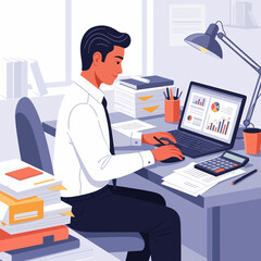 Poster - Man Analyzing Data Reports with Laptop and Calculator in Office