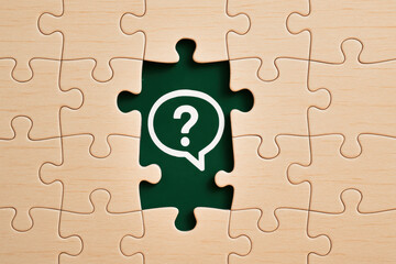 Poster - This symbolizes uncertainty and decision making in business highlighting challenges and problem-solving steps through the missing puzzle piece concept