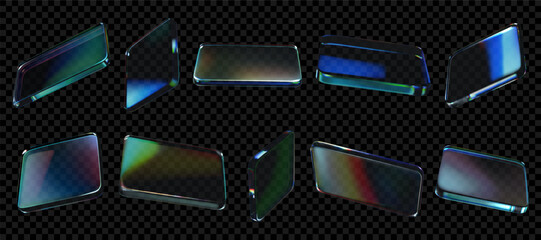 Poster - 3D glass shape. Abstract transparent box. Holographic cube or gradient surface. Glow morphism effect. Geometric figure. Iridescent block angles. Plexiglass form. Vector elements set