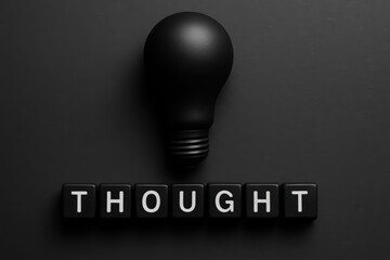 Poster - Innovation and creativity spark progress as a matte black bulb rests above lettered blocks symbolizing thought and ideas in business