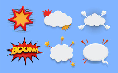 Poster - 3D comic bubble. Surprise bang. Speech effect for sound. Pop art text element. Wow and boom explosion frame. Explode smash. Dynamite blast shape. Puff cloud. Vector cartoon icons set