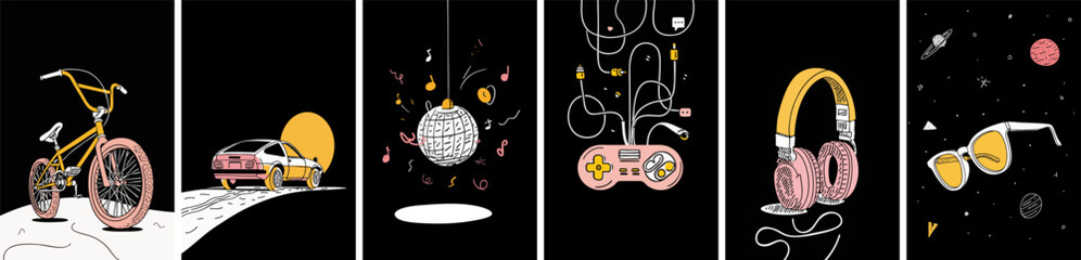 Poster - Set of 1980s and 1990s vintage doddle style vector design elements