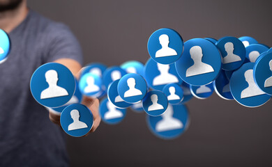 Poster - Image of hands interacting with a digital network of profile icons, representing social media connections and online communities.
