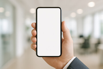 Poster - Innovation and communication drive progress as a professional holds a smartphone displaying a blank screen symbolizing opportunity in business environments