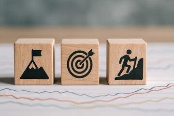 Poster - Progress toward achievement is symbolized by reaching a mountain peak hitting a target and climbing steadily uphill in business ventures