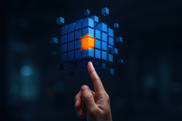 Poster - Innovation and progress emerge as a interacts with a fragmented blue cube symbolizing dynamic business growth and transformation