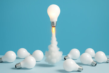 Poster - Innovation drives progress as an illuminated light bulb launches upward from a scattered group symbolizing creative business growth
