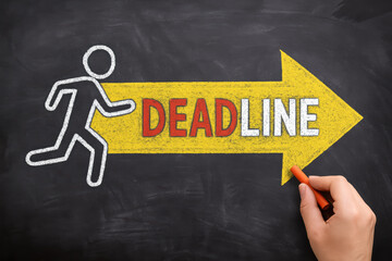 Poster - The concept urgency and time management is illustrated by a running figure moving toward a large yellow arrow marked with a clear deadline symbolizing the pressure to meet business goals on schedule