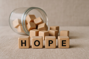 Poster - The concept optimism is represented by smooth wooden cubes neatly arranged to inspire confidence and forward-looking business growth