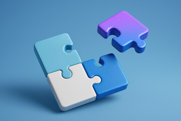 Poster - The illustrates the concept connection and progress through three interlocked puzzle pieces forming a while a fourth piece hovers nearby symbolizing completion and strategic assembly in business