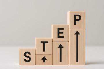Poster - Wooden blocks arranged in ascending order symbolize incremental progress and strategic growth within a business context